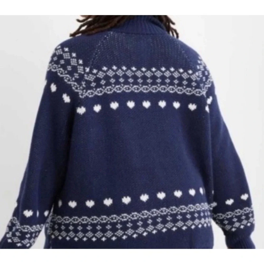 New Aerie Knit LOVE 1/4 Zip Blue Oversized  Pullover Sweater Fair Isle Size S - Picture 2 of 10